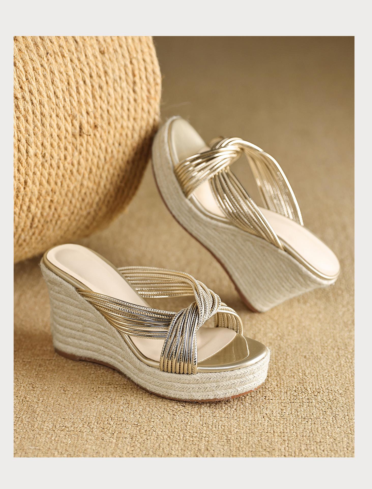 Sandal cao gót nữ đế đan rơm quai chéo bạc hở mũi phong cách Tân Trung Hoa — màu vàng, bạc chi tiết 18