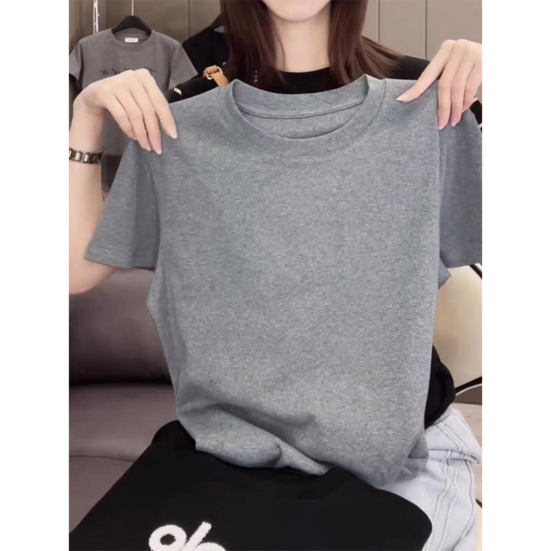 Women's Casual Fashion Versatile Thin Gray Cotton Crew Neck Short-Sleeve T-Shirt for Spring and Summer