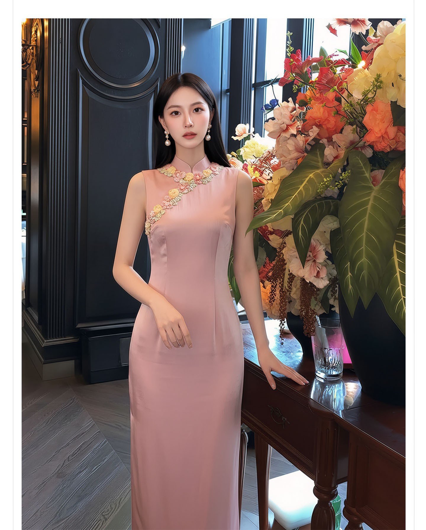 Bộ váy đầm maxi thắt eo kiểu Trung Hoa cải tiến kèm áo khoác choàng tua rua — Trang chủ, bộ đồ, váy liền, váy xanh chi tiết 8