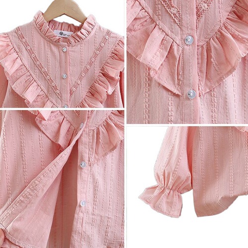 Stock girls 'cotton shirts in spring and autumn new style for middle and middle children's Western-style long-sleeved shirts for children's sweet shirts and thin style tops