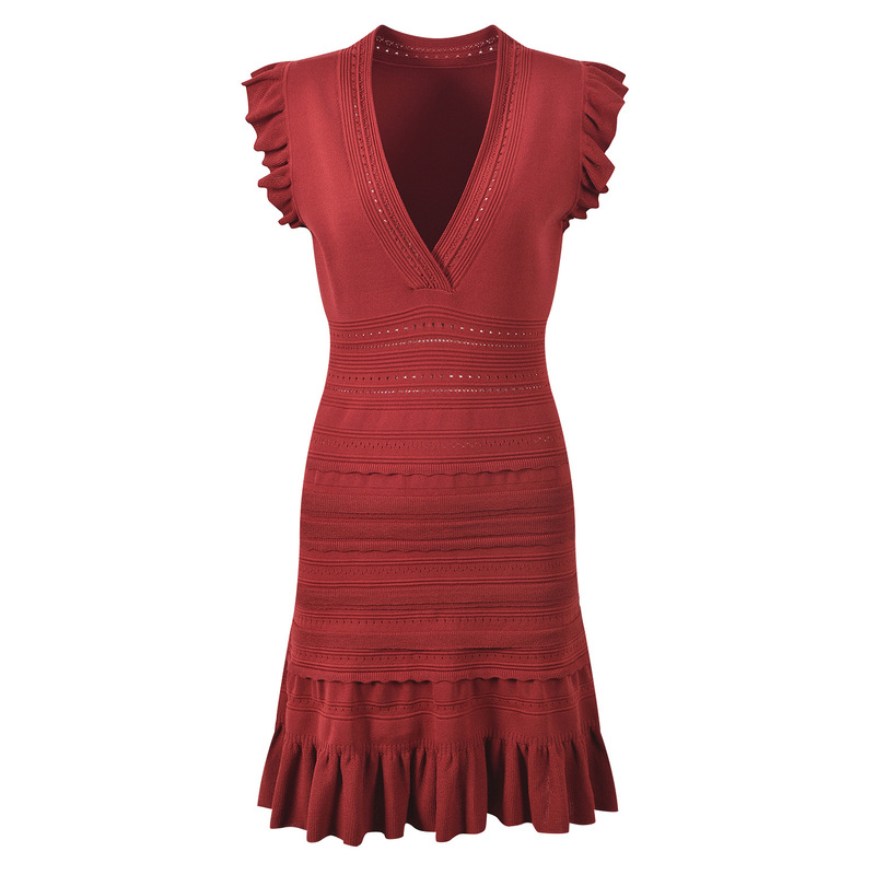 2026 Spring/Summer New Design Ruffled Sleeve Elegant Slim Fit V-Neck Mid-Length Knitted Dress