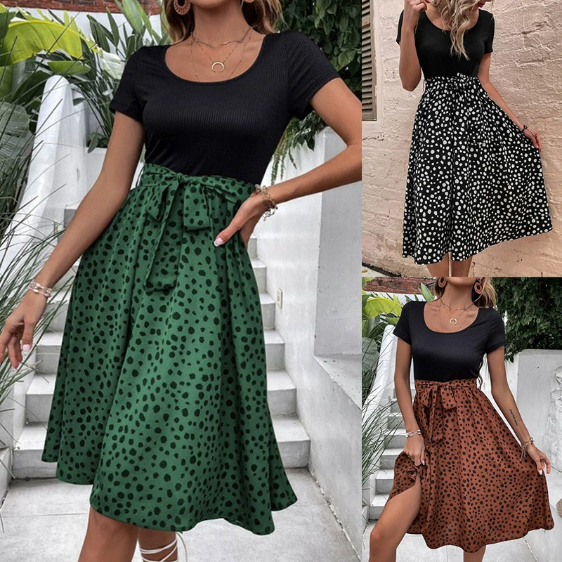 Трансграничная внешняя торговля 2024, AliExpress Amazon, независимая станция, летнее женское платье в горошек с круглым вырезом и короткими рукавами