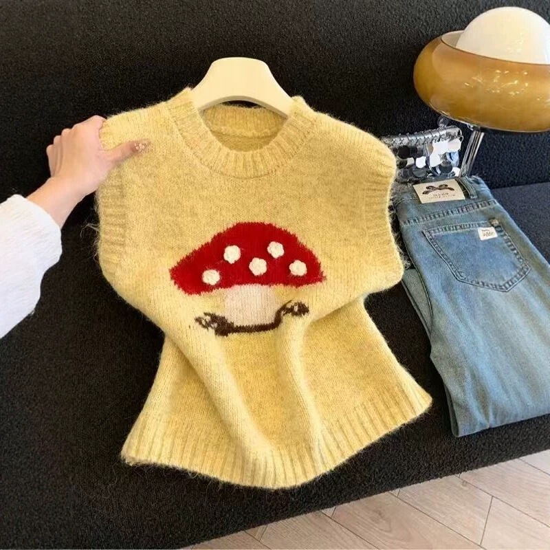Direct Sale Cross-Border Spring and Autumn Mushroom Jacquard Alpaca Wool Sleeveless Outerwear Fashion Sweater Women's Vest Knitwear Women's Gilet Direct Sale Cross-Border Spring and Autumn Mushroom Jacquard Alpaca Wool Sleeveless Outerwear Fashion Sweater Women's Vest Knitwear Women's Gilet