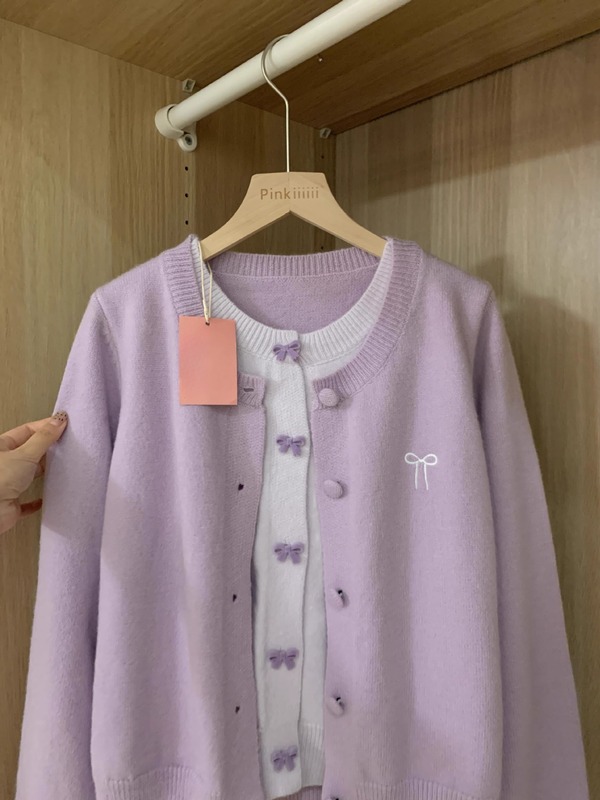 蝴蝶结紫色假两件针织开衫毛衣外套女春秋季2025新款别致绝美上衣|undefined