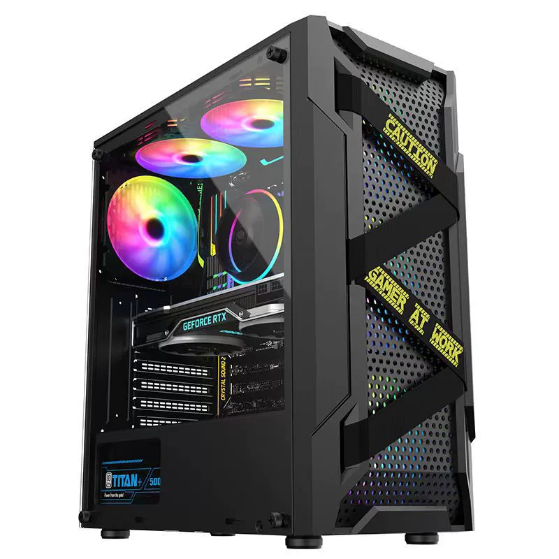 ATX PC Case (Titan) — Gaming Chassis with Mesh Front & Acrylic Side Panel, Black/White