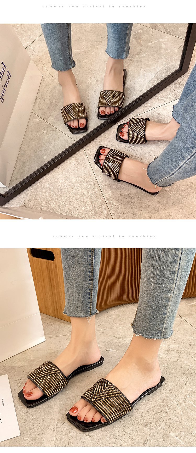 Breite Füße und dicke große Hausschuhe Damenoberbekleidung Sommer 2023 neue Mode All-Match-Strass weiche Unterseite ein Wort rutschfester Schuhhalter_voghion.com