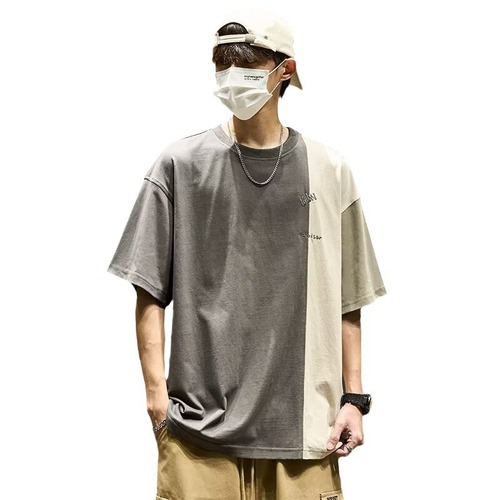 Summer Color Block Splicing Short Sleeve T-Shirt for Men, Japanese Style Loose Fit Versatile Trendy Embroidered Crew Neck Basic Top Shirt