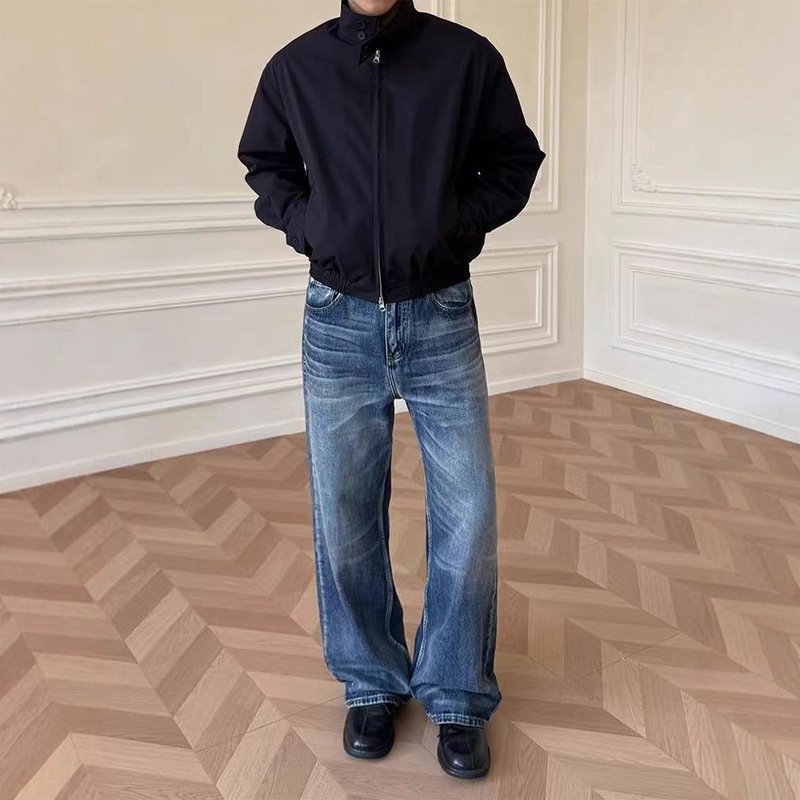 American-Style Three-Dimensional Honeycomb Whisker A-Line Straight-Leg Jeans for Men and Women, Washed Vintage Loose Wide-Leg Casual Pants Trendy