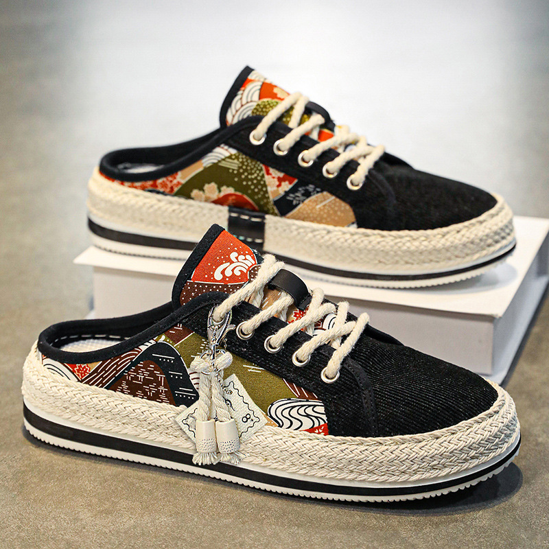 Zapatos de lona medio arrastre para hombre 2025 nuevas zapatillas de deporte casuales de verano delgadas, transpirables, zapatos de tela de trabajo perezosos