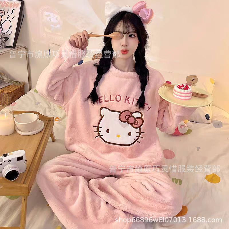 Ins Style Hellokitty Flannel Pajamas for Women Autumn and Winter Coral Velvet Fleece-Lined Warm Women's Dormitory Home Clothes