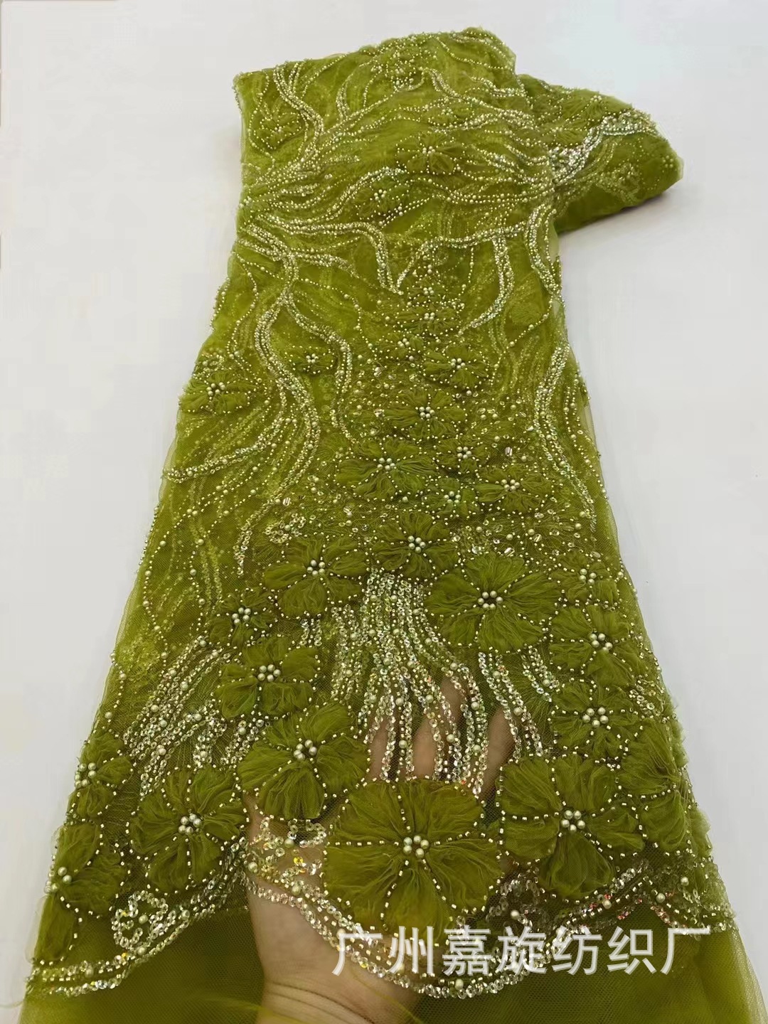 Vestido de boda francés bordado full sequined cuentas tejido de encaje de novia 3D tela de encaje