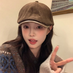 英伦覆古灯芯绒前进帽子纯色百搭日系显脸小反戴报童鸭舌帽女批发