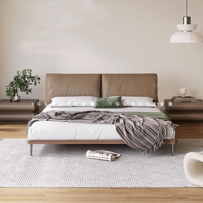 Cama de cuero con orejas de elefante, cama doble simple italiana, cama de madera de haya retro, cama moderna y simple.