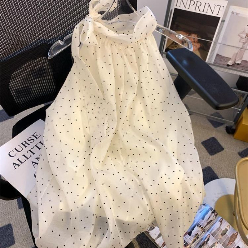 miu 風ドットレースアップホルターネックシフォンシャツ女性の夏ルーズお腹カバーベビードールシャツスーパーフェアリーノースリーブトップ|undefined