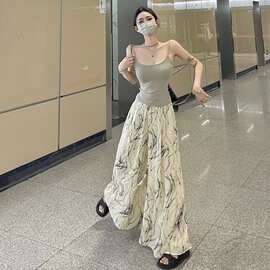 扎染白色裤子女夏薄款印花冰丝阔腿裤直筒休闲裤仙女凉凉裤防晒裤