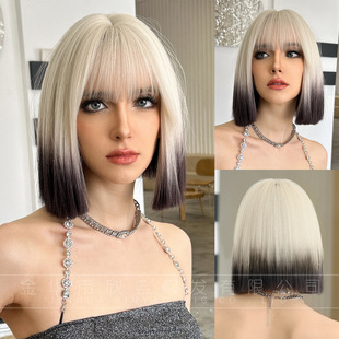 Foreign Trade Bob Wig Female Full Headgear Beige Gradient Black One-Size-Fits-All Clavicle Short Straight Hair with Bangs Cos Short Hair
