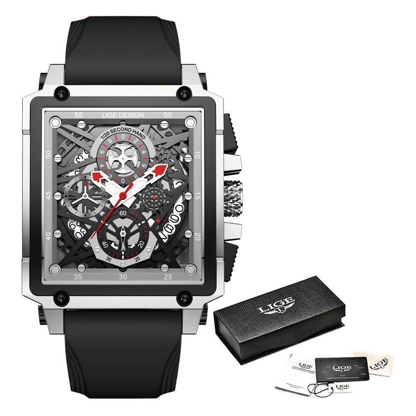 LIGE 8935 cinta deportiva placa cuadrada personalizada creativa cuarzo hueco fresco reloj de los hombres calendario