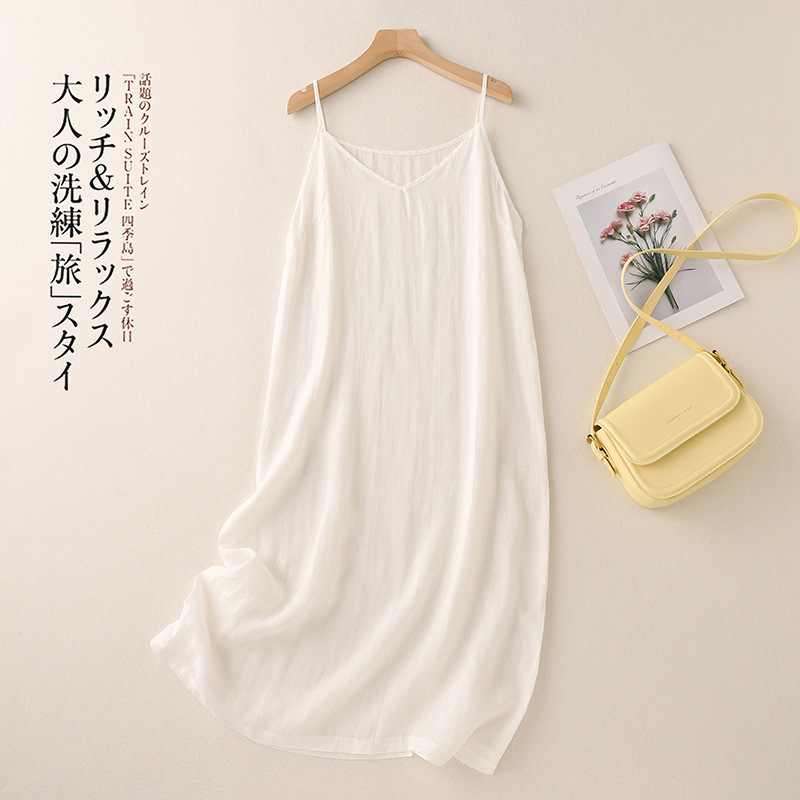Big Sale Clearance~White V-Neck Ramie Suspender Dress for Women, Summer Elegant Mid-Length Inner Wear and Outer Wear A-Line Skirt