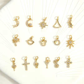 现货批发 微镶18K镀金铜饰品配件十字架星星月亮吊坠diy项链挂件