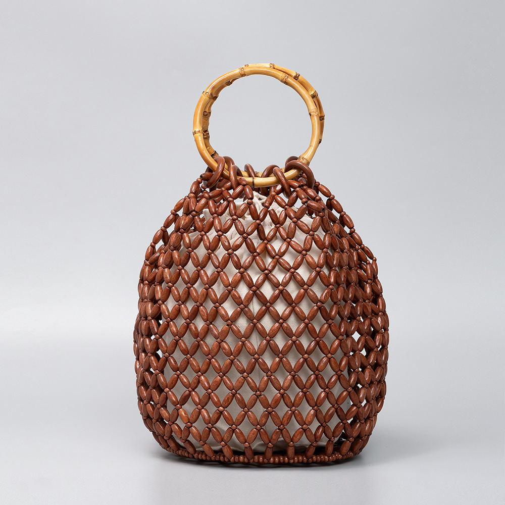 OLEI Large Capacity Wooden Bead Bucket Bag, Beach Vacation Travel Bamboo Handbag, Women's Hand-Woven Bag - Thumbnail 3