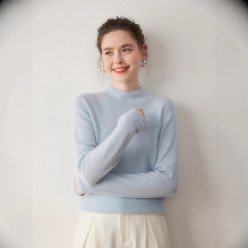 Autumn and Winter New Baby Cashmere Knitwear Women's Half Turtleneck Knitwear Rolled Edge Pullover Seamless Inner Base Knitwear