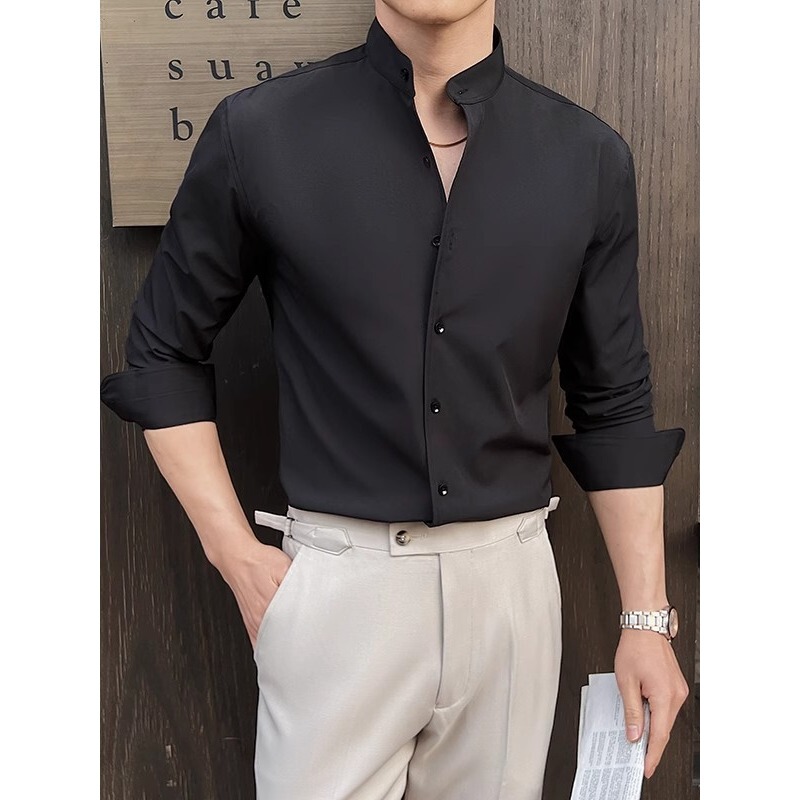 New Long-Sleeved Shirt for Men, Cool Business Casual, High-End Ice Silk Seamless Black Shirt for Men, No Ironing Required