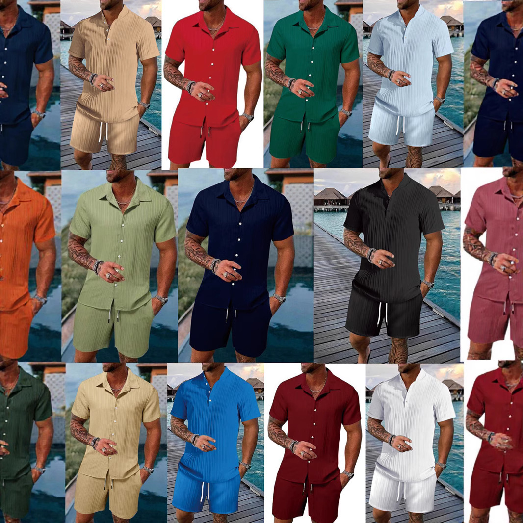 새로운 여름 Amazon AliExpress 유럽과 미국의 국경 간 남성 셔츠 캐주얼 루즈 반팔 반바지 비치 슈트