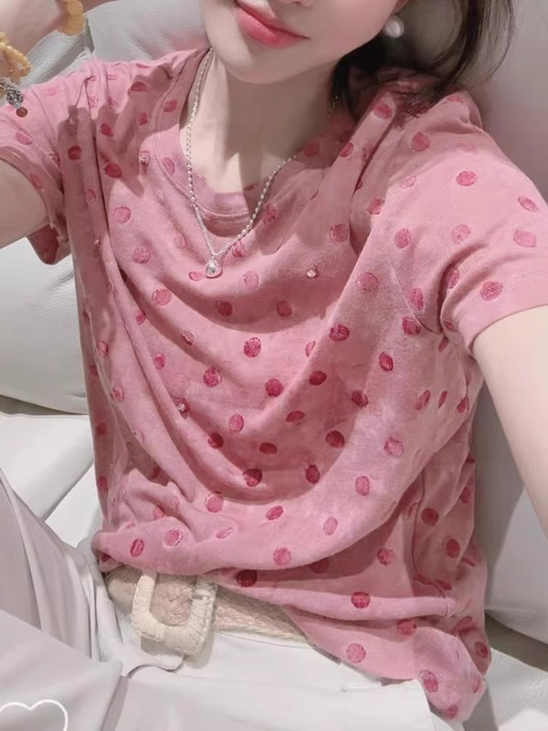 时尚简约休闲慵懒风粉色波点上衣女2025夏季软糯宽松薄款短袖T恤|undefined