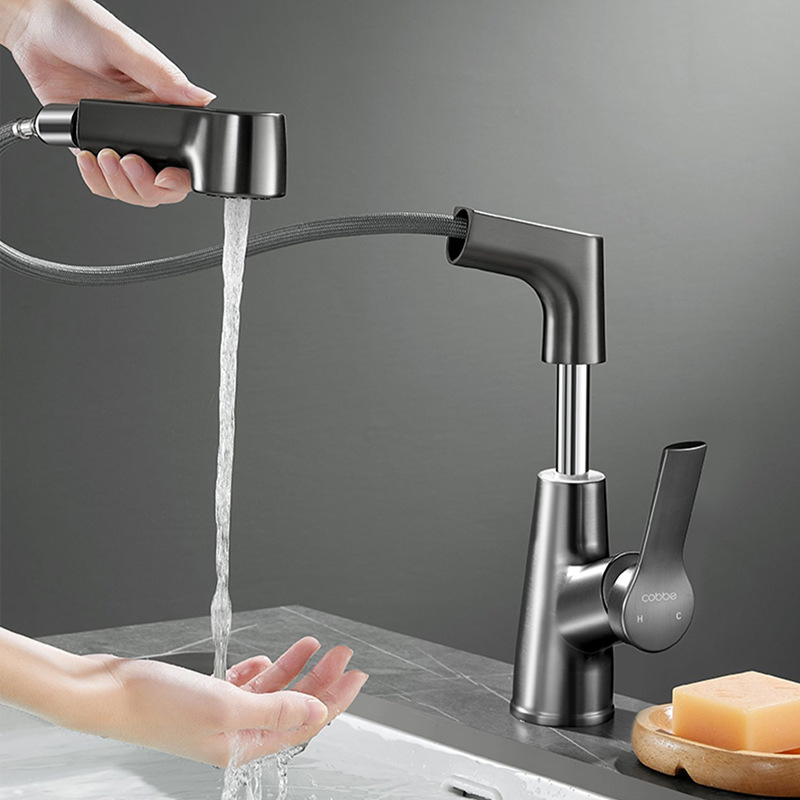 Washbasin faucet hot and cold pull-out sink basin basin basin single hole adjustable lifting head telescopic swivel faucet