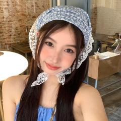 2024 New Floral Hair Tie Scarf High-end Triangular Scarf Lace Splicing Headband Summer Hot Girl Silk Scarf