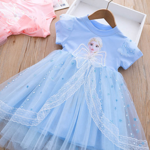 Girls Summer Dress 2024 New Style Bingbing Elsa Princess Dress Children's Puffy Mesh Dress