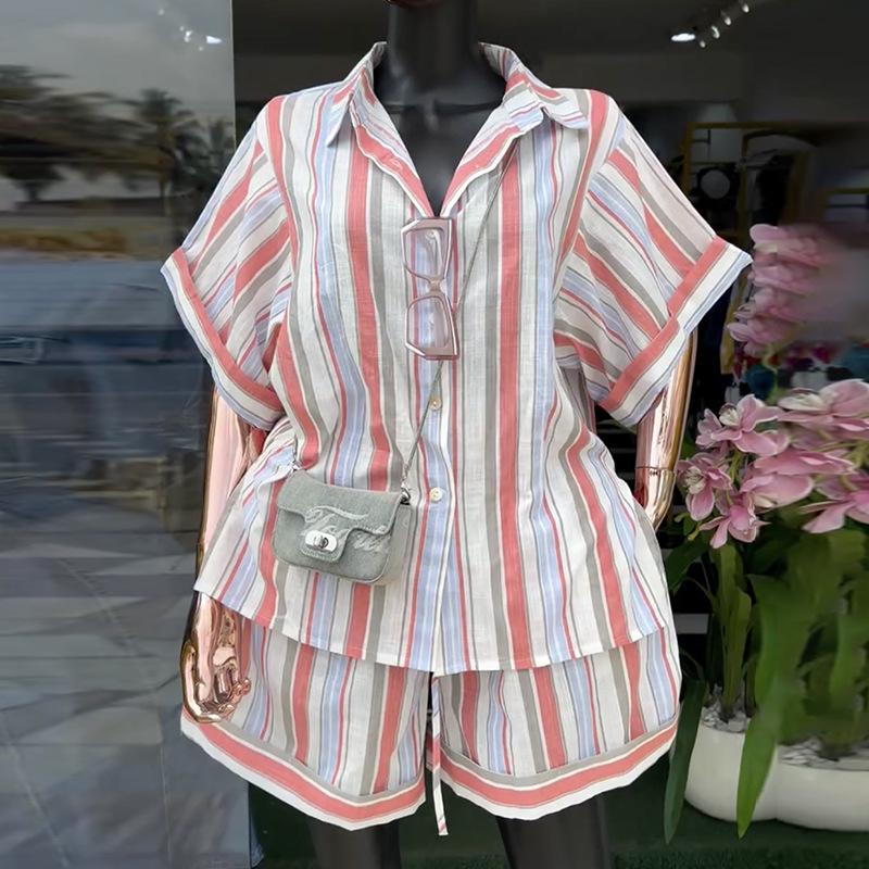 Women's Fashion Lapel Striped Shirt And Wide Leg Shorts Set Spring Tie Detail Short Sleeve Clothing European American Style_voghion.com