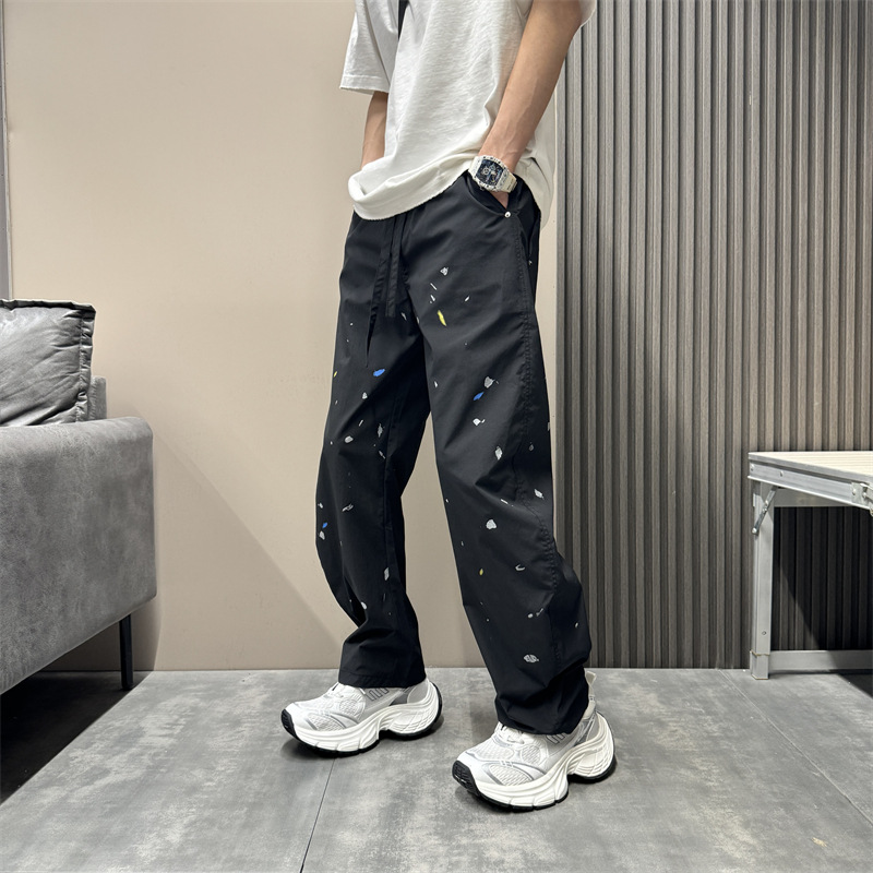 Pantalon décontracté à coupe étroite pour homme, coupe ample, coupe droite, coupe incurvée, sensation haut de gamme, effet vieilli, encre éclaboussée_voghion.com