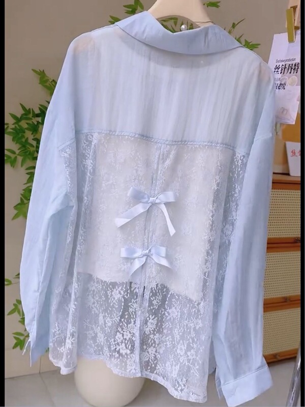2025 Summer New Style Hollow-Out Back Sun-Protection Shirt, Unique and Chic Blouse with Lace Patchwork Long-Sleeve Shirt Jacket