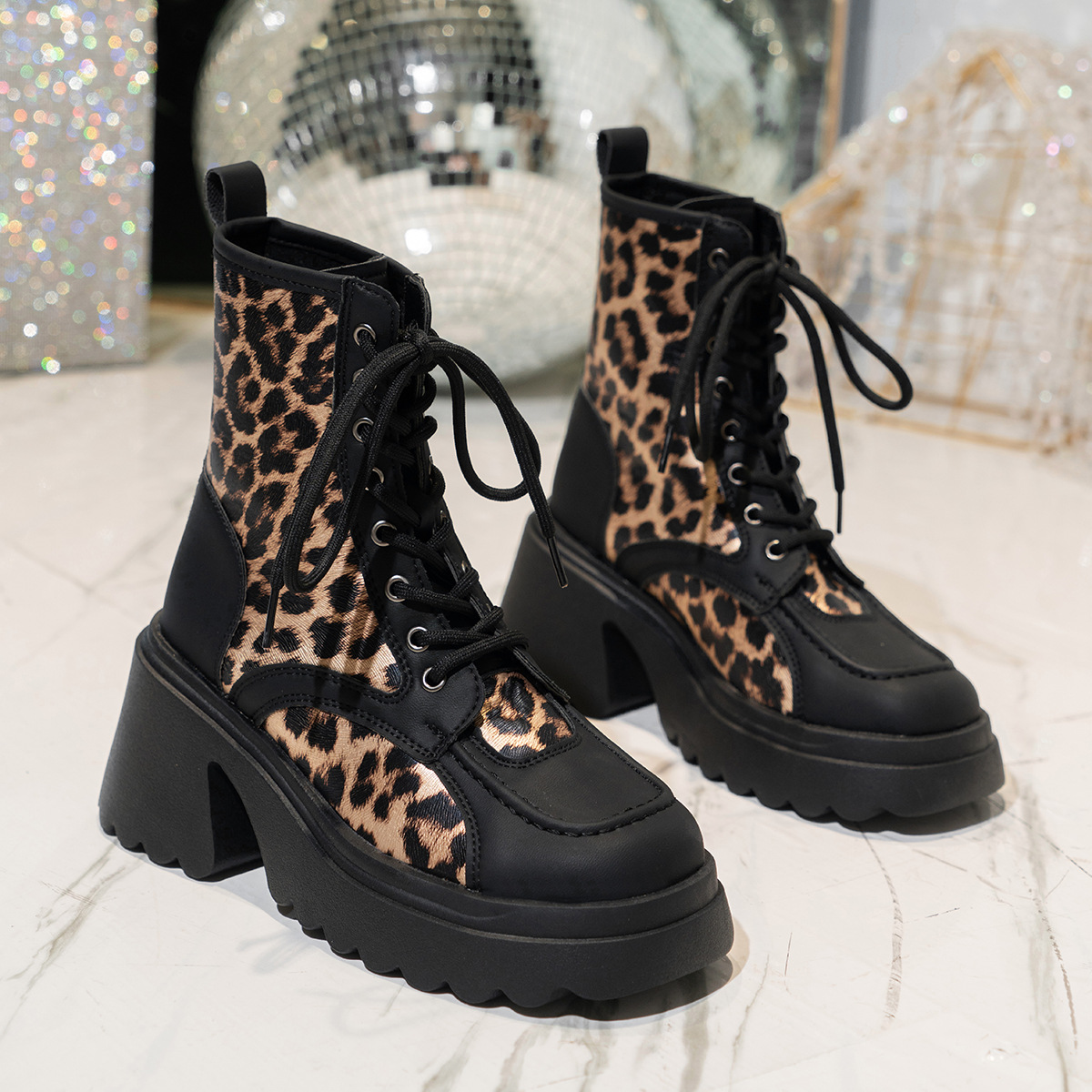 Leopard Print Short Boots For Women Autumn Lace Up Thick Sole Large Size Fashion New_vogvips.com