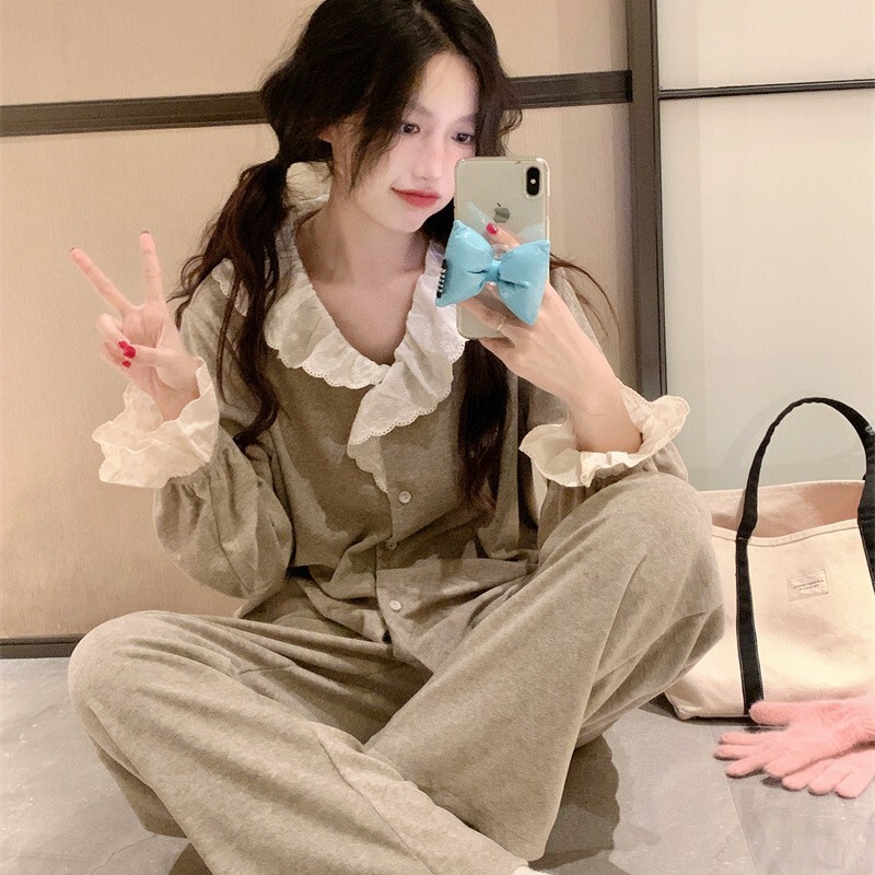 Korean Doll Small Lapel Cute Towel Velvet Lace Stitching Autumn and Winter Home Clothes Pajamas Set