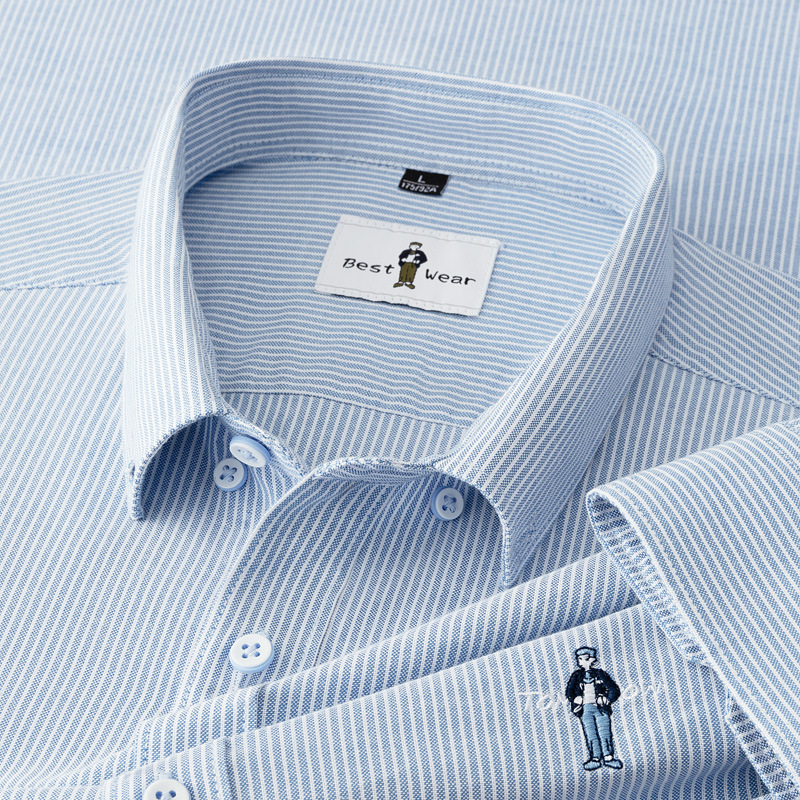 时尚竖条条纹春秋款百搭商务高端人物刺绣长袖衬衫潮流全棉衬衣男