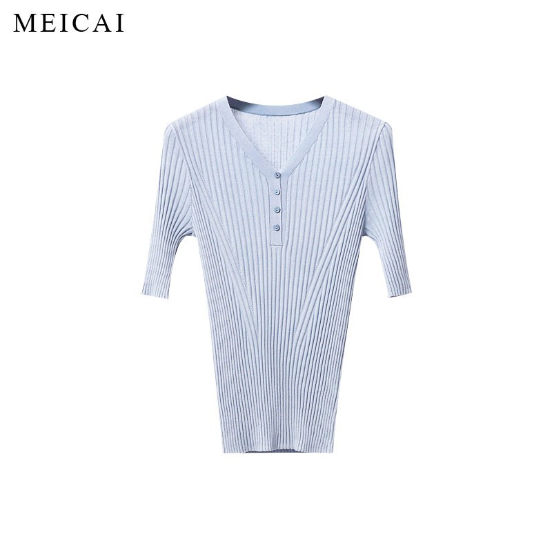 American Style Spring and Summer New Style Silk Cotton Lyocell V-Neck Knitted Base Shirt Women's Short-Sleeved T-Shirt