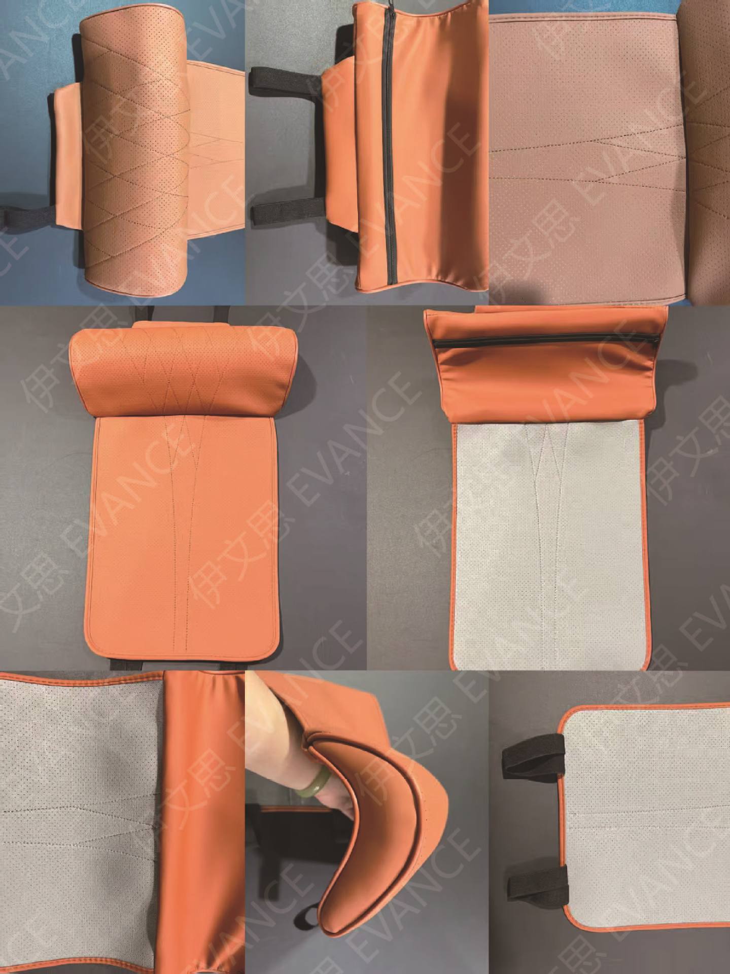 Car seat cushion with leg support for driver and passenger seats, integrated lumbar support, perforated breathable seat cushion