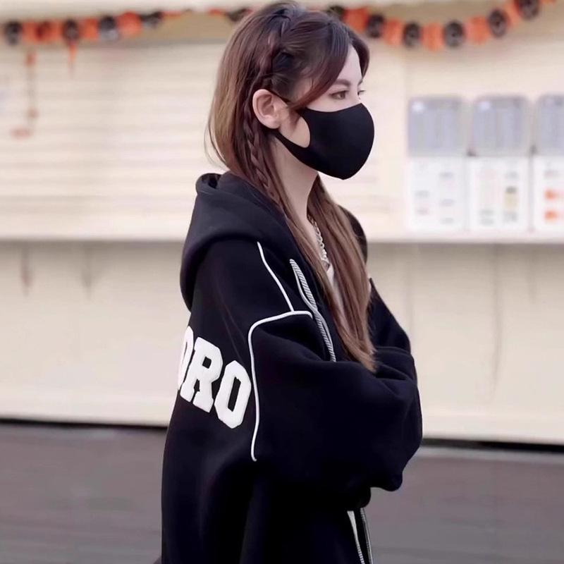 Black Hooded Cardigan Sweatshirt for Women 2025 Hot Style Fashionable Loose Spring Autumn Winter Velvet Thickeneded Jacket 6393