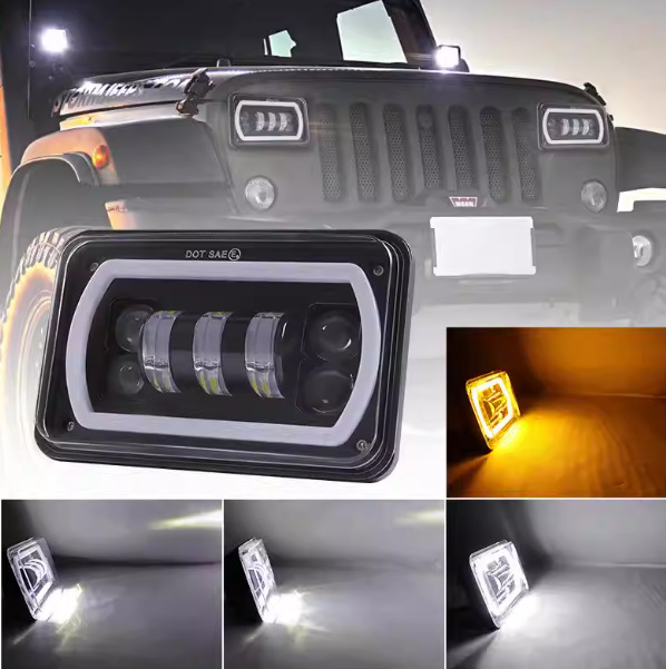 Popular Cross-Border 4X6 Wrangler Square 5inch Headlight Angel Eye High/Low Beam Off-Road Vehicle Modification Light Daytime Running Light