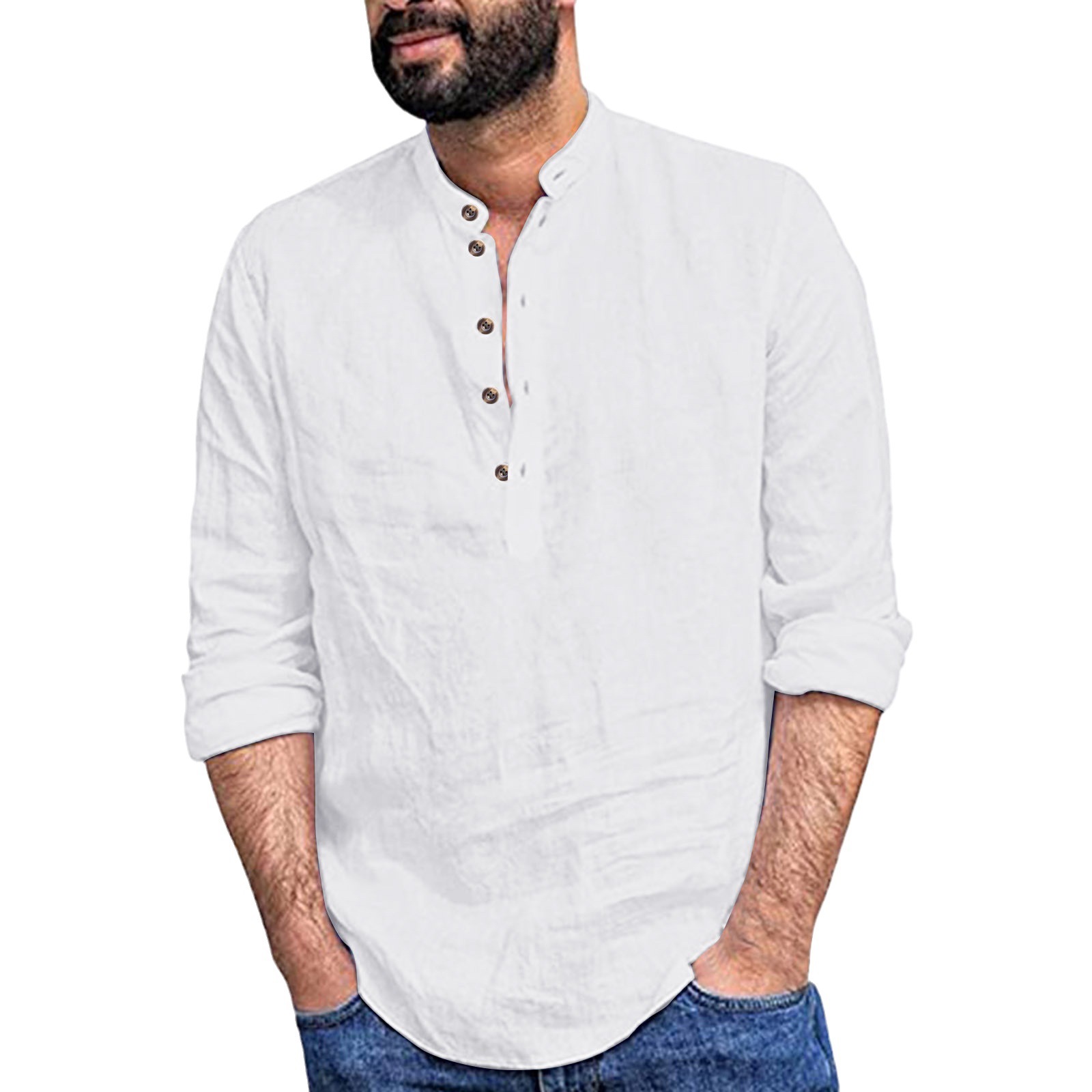 2025 Cross-Border Casual Men's Loose Shirts Men's Trendy Stand-Up Collar Cotton and Linen Long-Sleeved Color Independent Spot Station