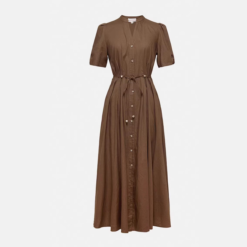 Luxurious!~Elegant Hepburn Style! Item 2199+! Luxurious and Intellectual Pure Cotton V-Neck Pleated Mid-Length Dress