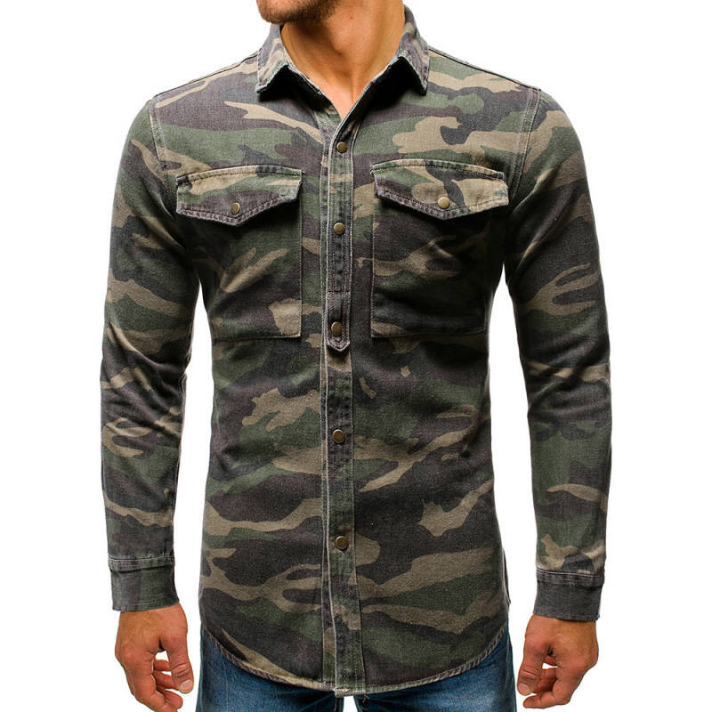 2026 New Men's Long-Sleeved Shirt European and American Military Green Camouflage Denim Shirt American European and American Military Short-Sleeved Shirt 2026 New Men's Long-Sleeved Shirt European and American Military Green Camouflage Denim Shirt American European and American Military Short-Sleeved Shirt