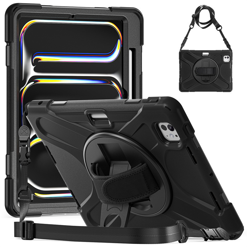iPad Pro 11 2024 Silicone Pc Rotating Stand Tablet Case iPad Air6 13inch Shoulder Strap Protective Case