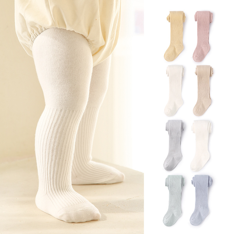 Pantimedias para niños de una pieza de Primavera de entrega de color sólido de doble aguja polainas para bebés transpirable algodón peinado pantimedias para niñas