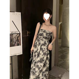 2025原版工艺肩带可调纯欲水墨碎花抹胸吊带连衣裙女夏收腰露背