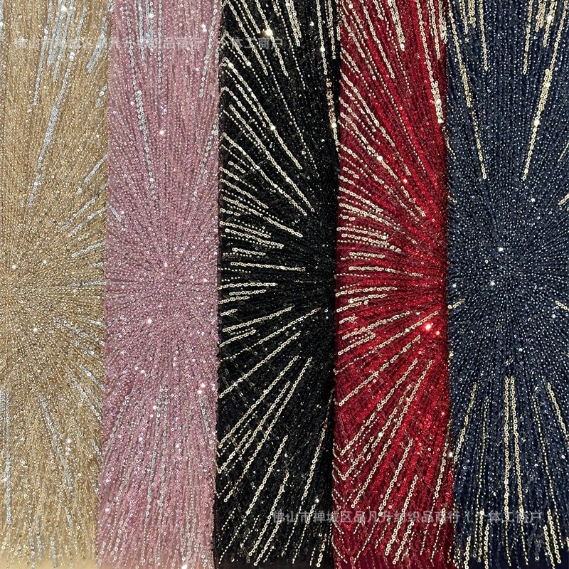 Tela de malla de lentejuelas lista para usar del fabricante, tela de encaje bordado, tela de moda para vestidos de alta costura con líneas tridimensionales
