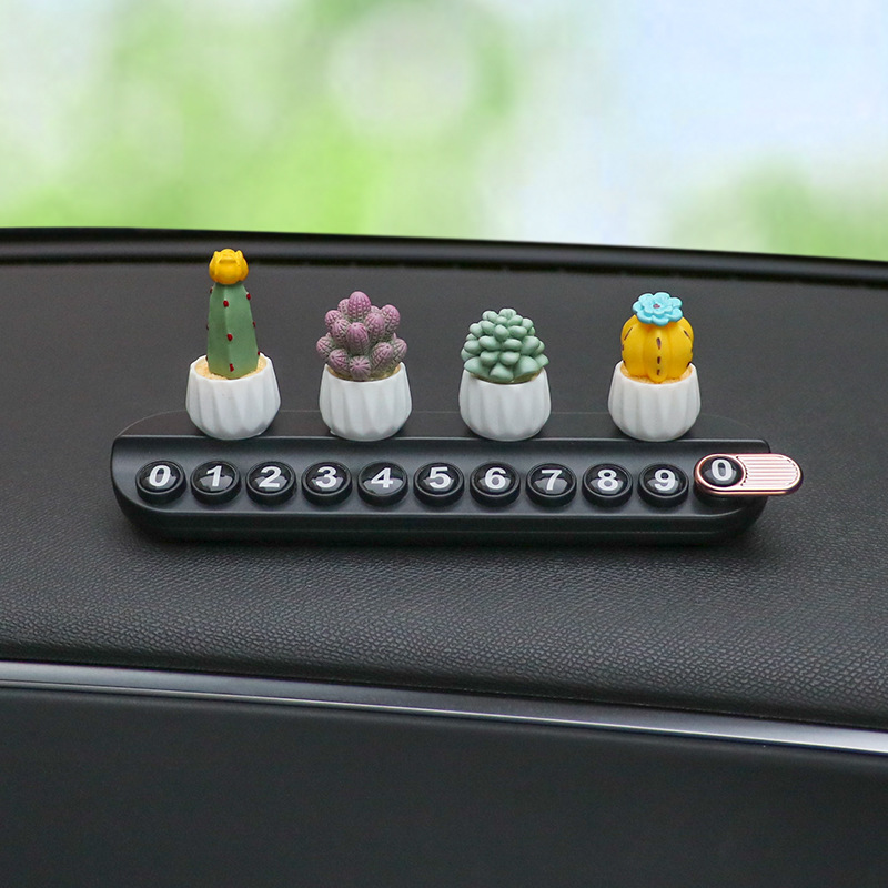 Suculentas plantas en macetas, placas de matrícula de estacionamiento temporal, teléfonos de automóviles, placas de matrícula en movimiento, tarjetas de transferencia de automóviles, adornos de accesorios se pueden ocultar