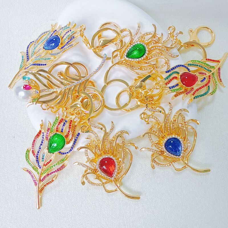 Fashionable and Creative Metal Rhinestone Colorful Gemstone Peacock Feather Keychain Goddess Holiday Gift Pendant Ornament Fashionable and Creative Metal Rhinestone Colorful Gemstone Peacock Feather Keychain Goddess Holiday Gift Pendant Ornament